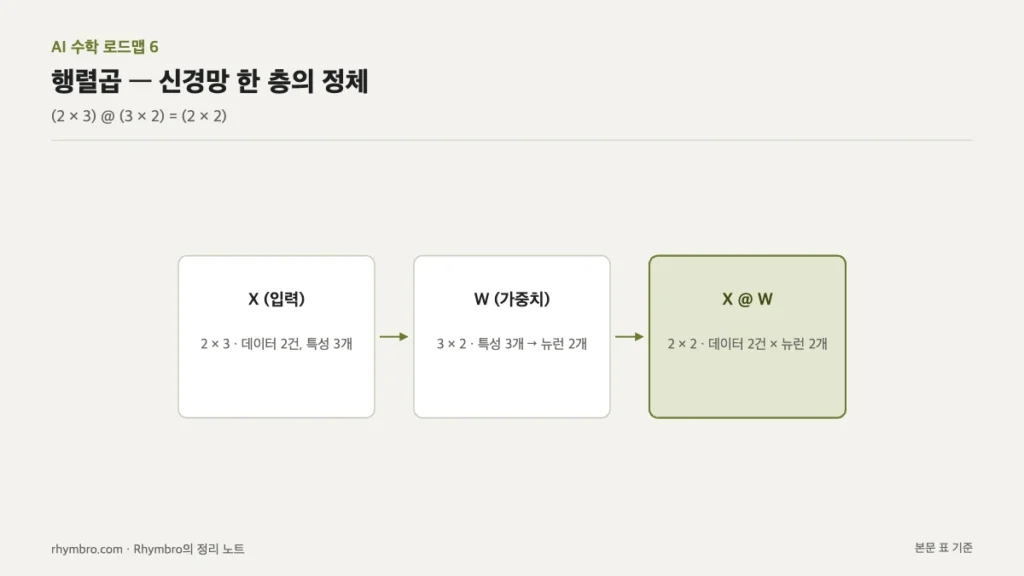 입력 X(2×3)와 가중치 W(3×2)를 곱해 출력(2×2)이 되는 행렬 모양 흐름도