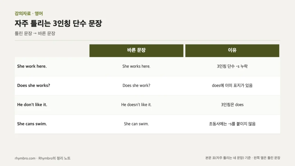 3인칭 단수 -s와 does 관련해 자주 틀리는 네 문장을 바른 문장과 이유로 고친 표 형식 도식