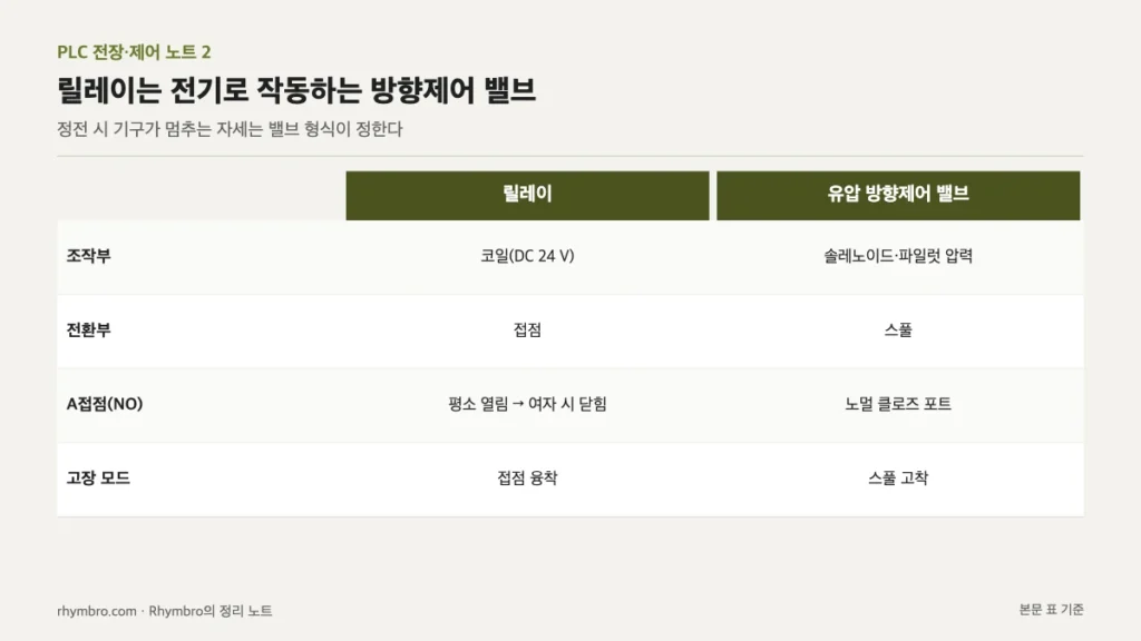 릴레이와 유압 방향제어 밸브의 조작부, 전환부, A접점, 고장 모드를 대응시킨 표