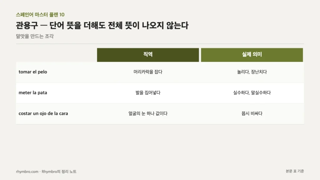 스페인어 관용구 세 개의 직역과 실제 의미를 비교한 표